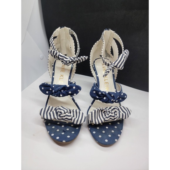 Anne Klein Navy And White Striped And Polka Dot Sandals With 3" Heels Size 7.5 - Picture 1 of 13